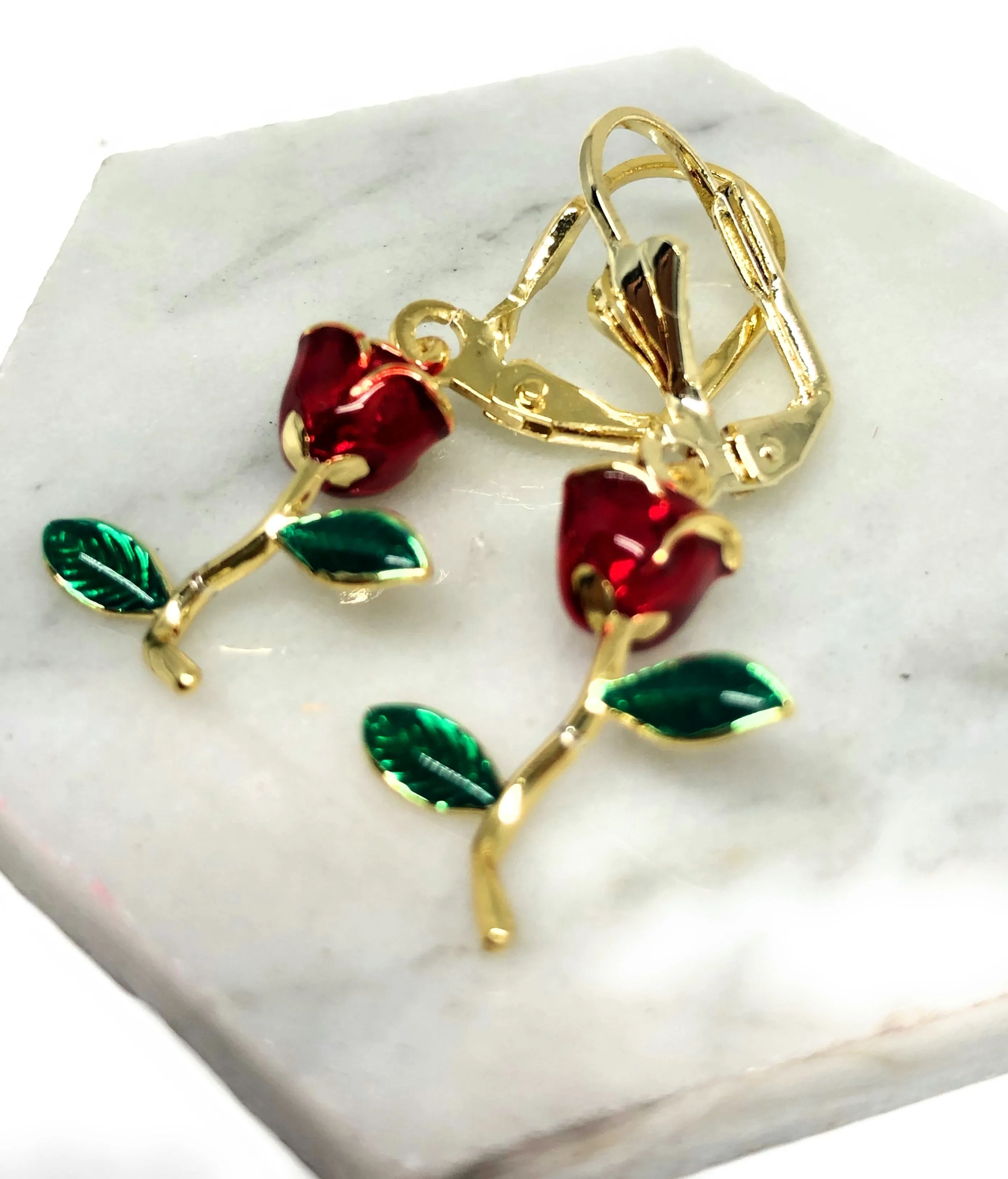 Gold Plated Red Rose Dangle Earrings Aretes