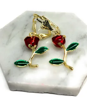 Gold Plated Red Rose Dangle Earrings Aretes