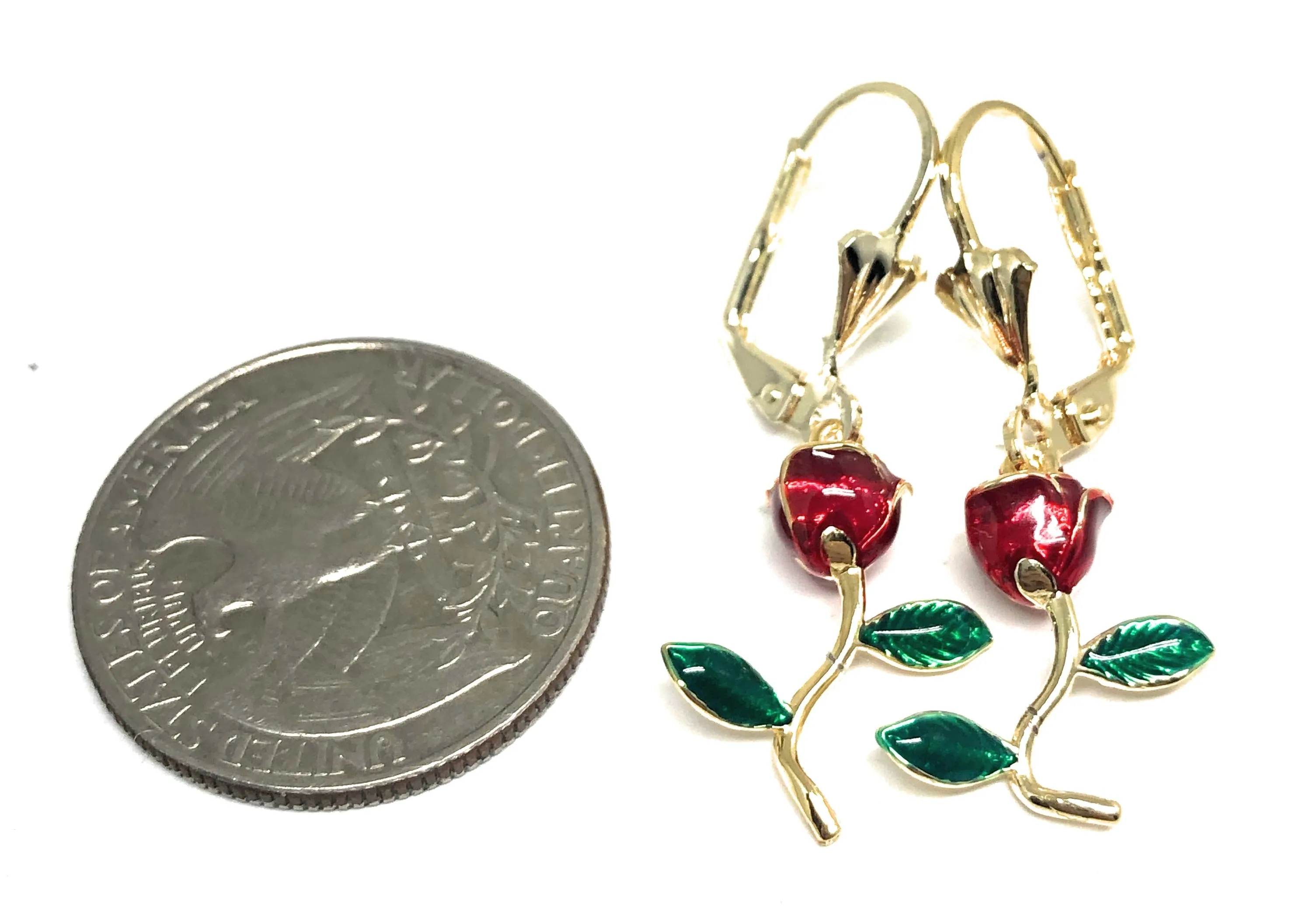 Gold Plated Red Rose Dangle Earrings Aretes