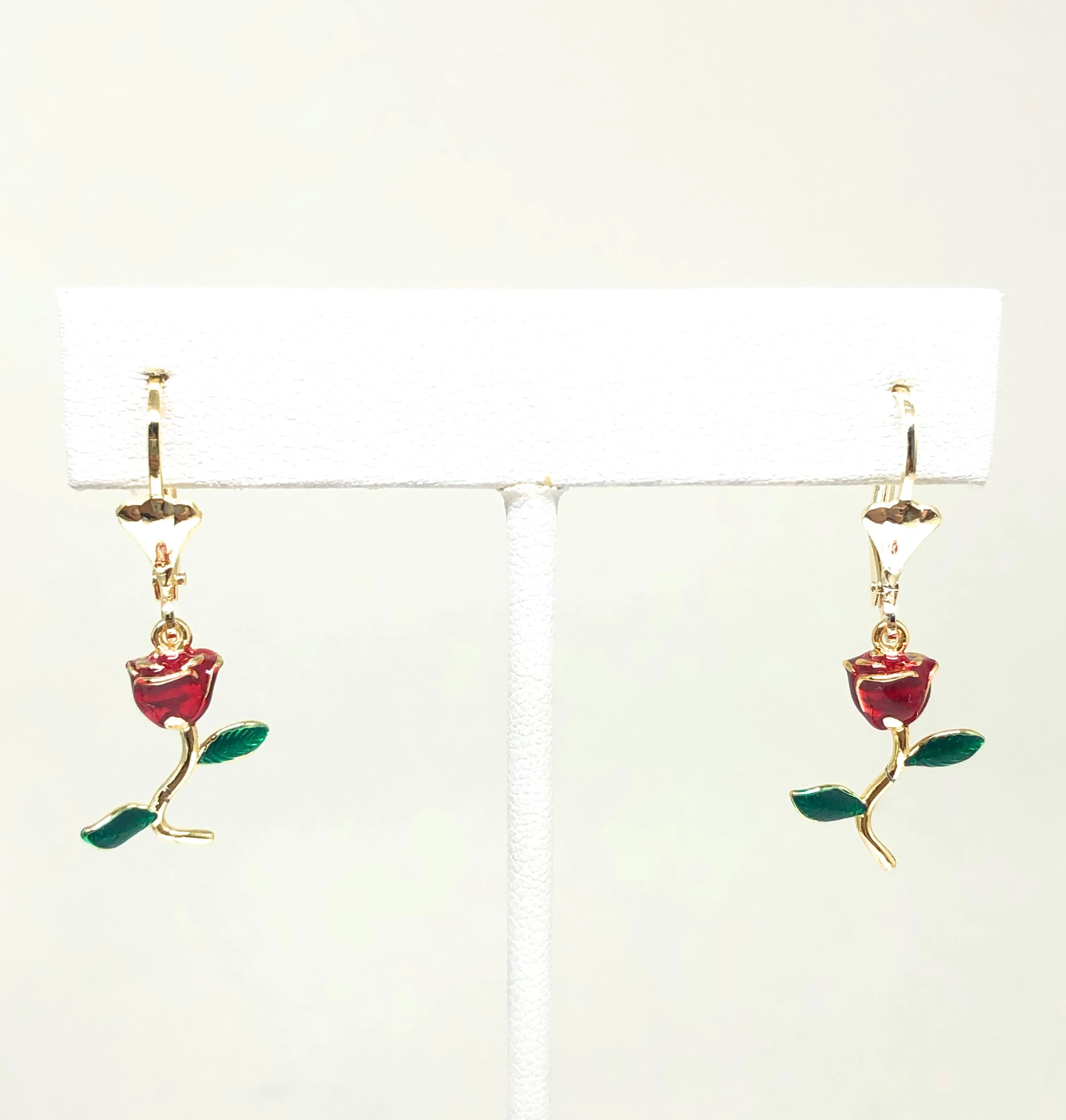 Gold Plated Red Rose Dangle Earrings Aretes