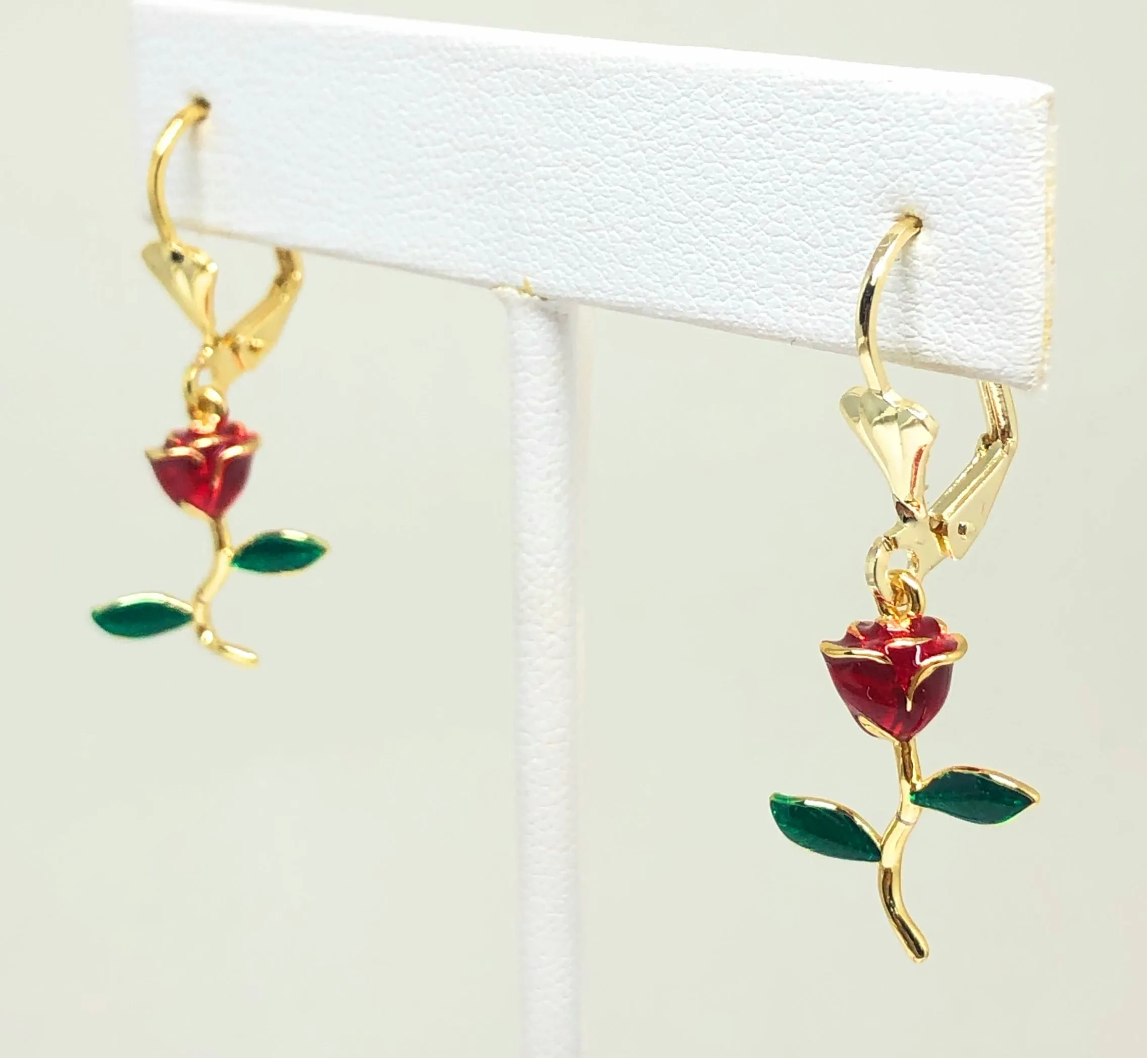 Gold Plated Red Rose Dangle Earrings Aretes