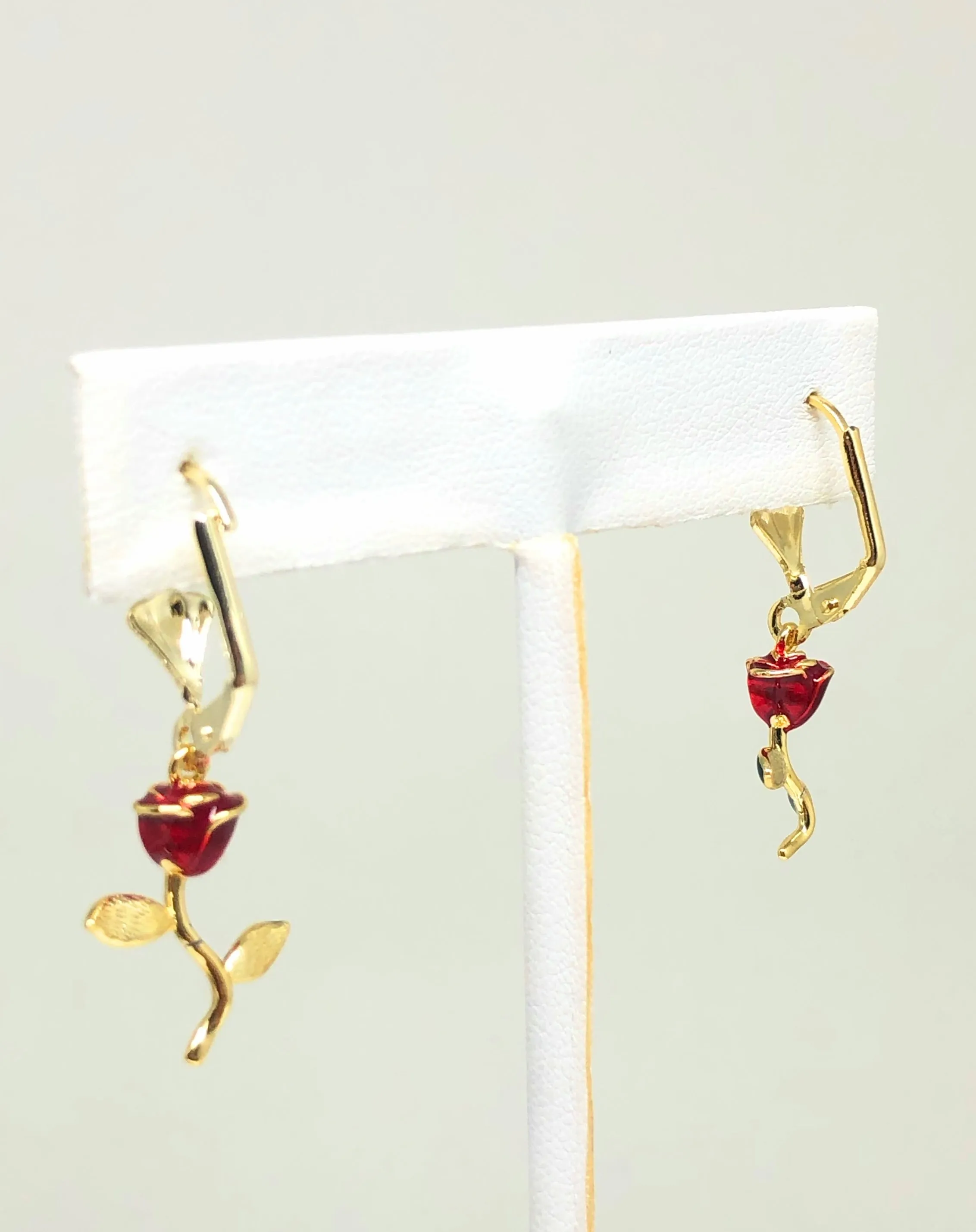 Gold Plated Red Rose Dangle Earrings Aretes