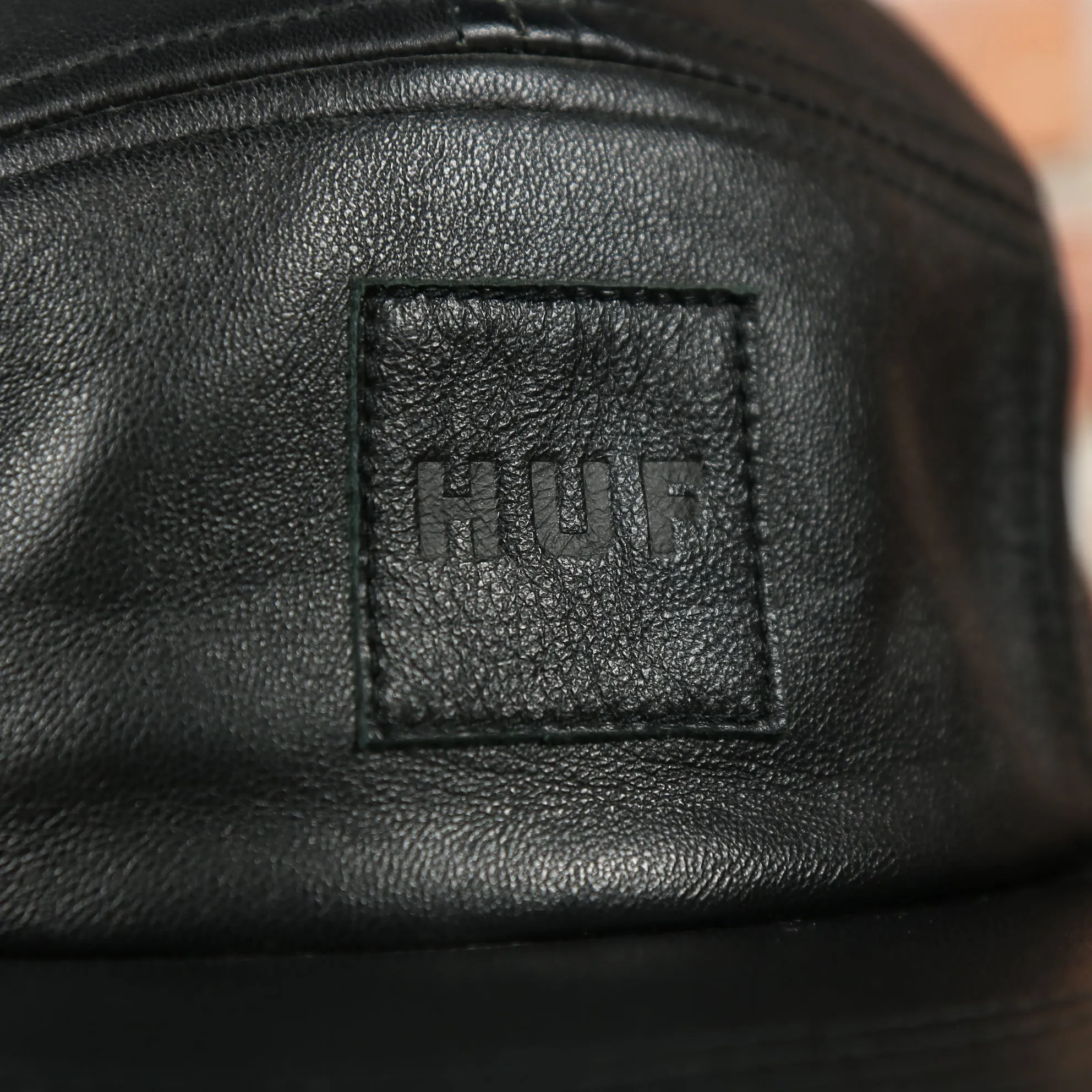 Huf 100% Genuine Lambskin Leather Black Five Panel Strapback Hat