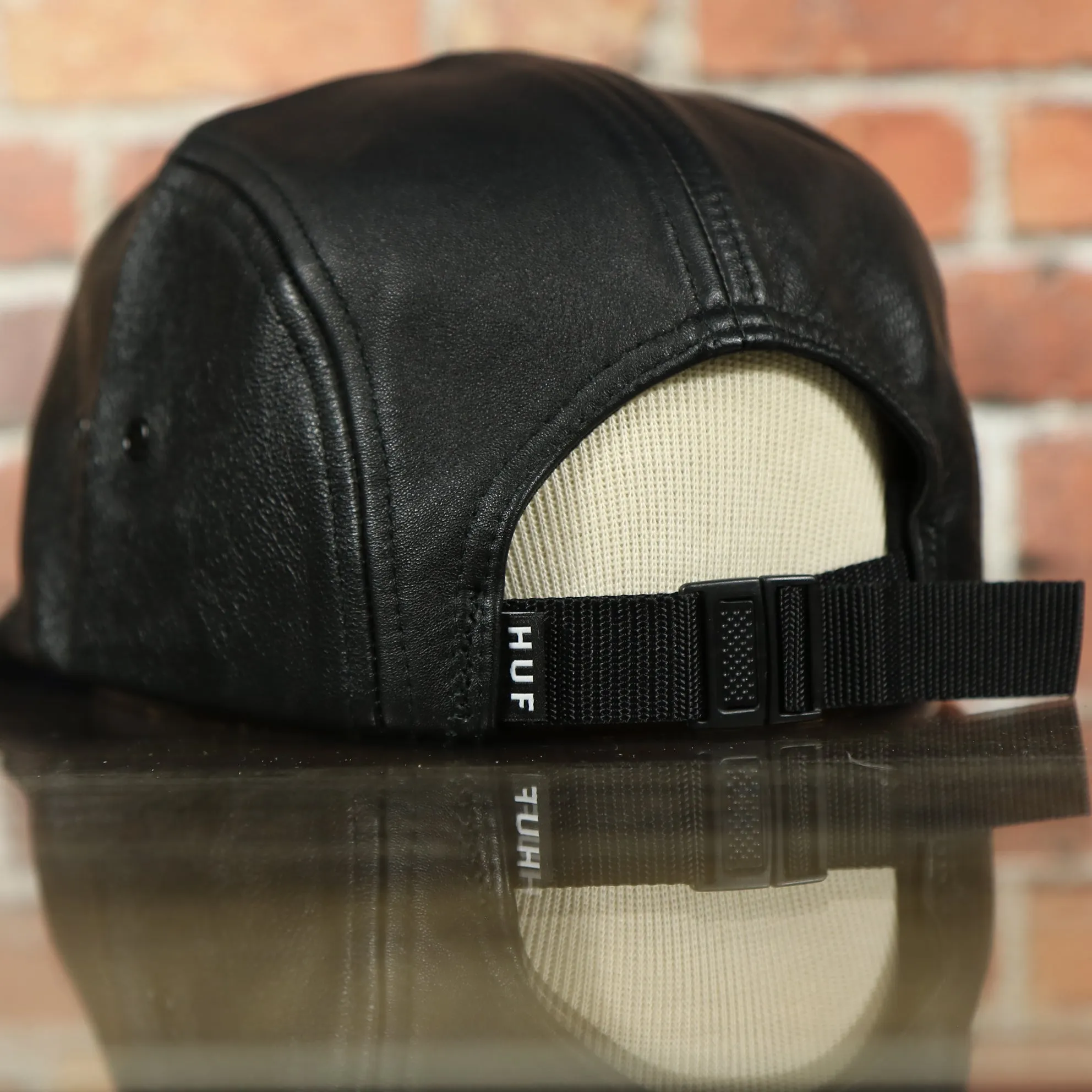 Huf 100% Genuine Lambskin Leather Black Five Panel Strapback Hat