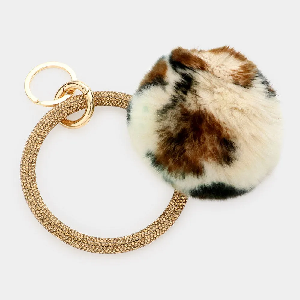 iLLASPARKZ Leopard Pattern Pom Pom Rhinestone Pave Bangle Keychain / Bracelet