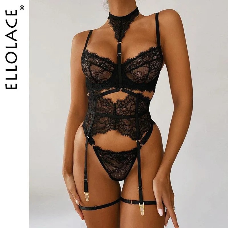 Lingerie 3-Pieces Transparent Bra Lace Suit Sexy Garter Belt