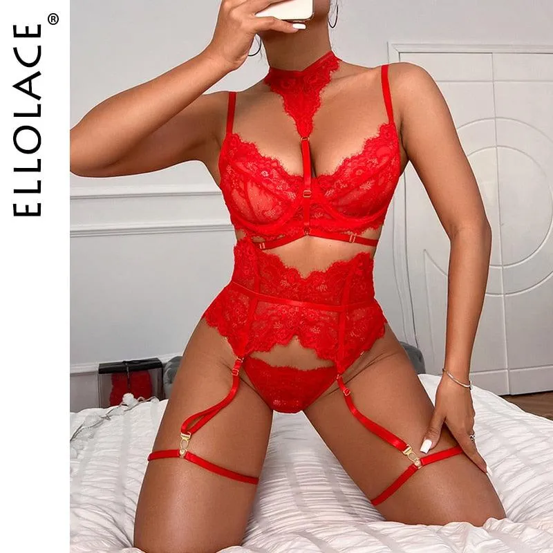 Lingerie 3-Pieces Transparent Bra Lace Suit Sexy Garter Belt