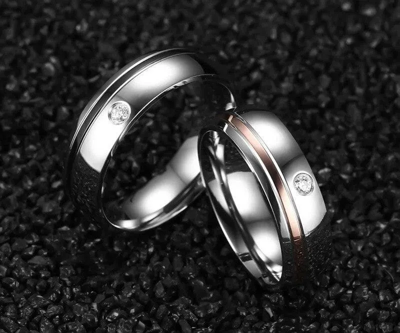 Matching Promise Rings with Black & Rose-Gold stripes plus Zirconia