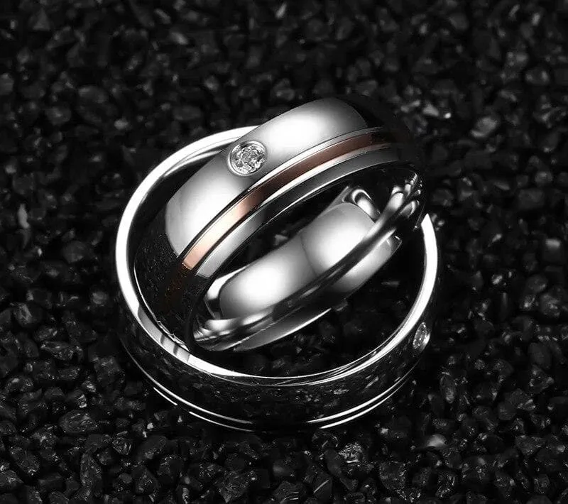 Matching Promise Rings with Black & Rose-Gold stripes plus Zirconia