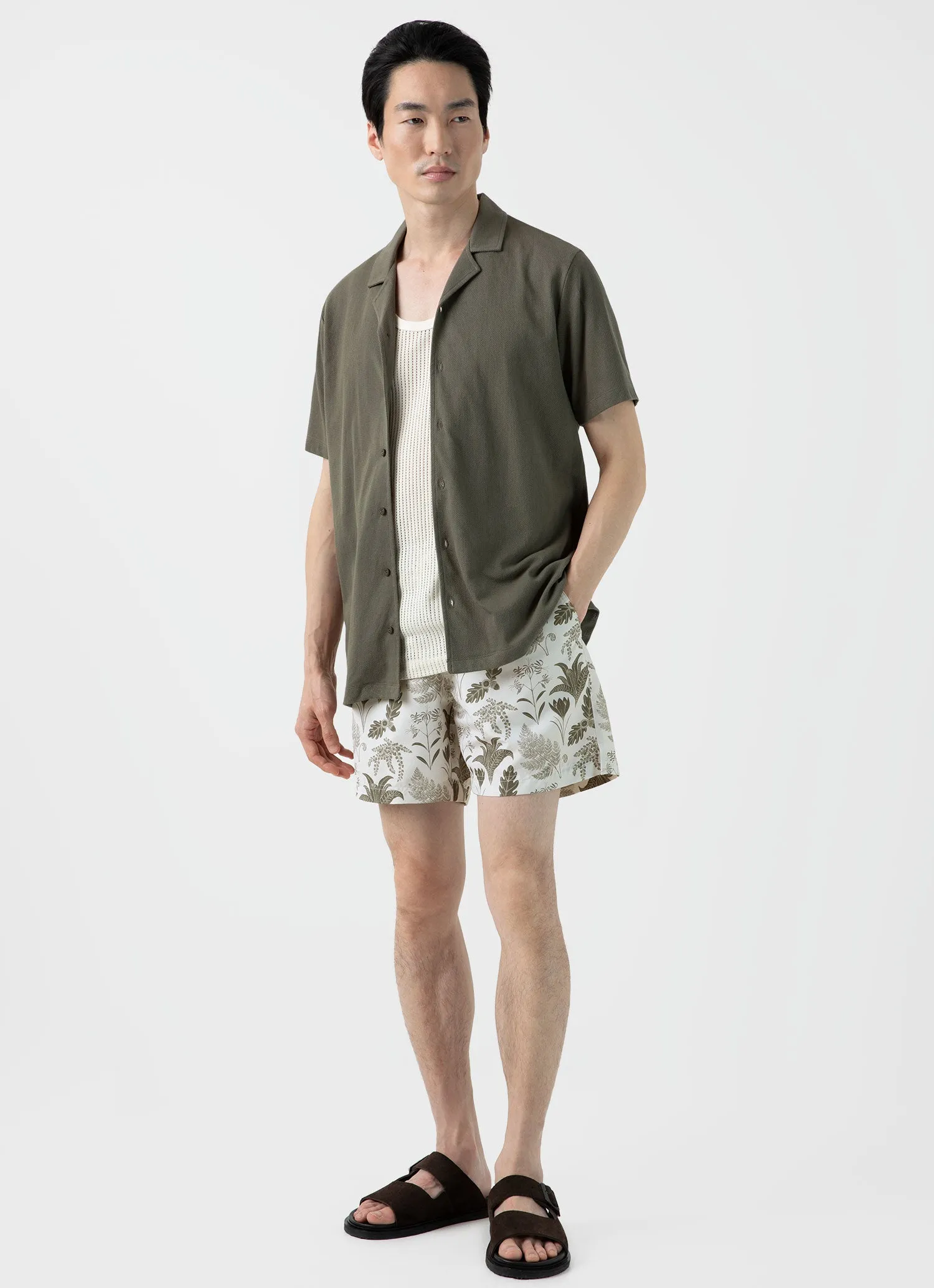 Men's Leaf Print Swim Short in Ecru