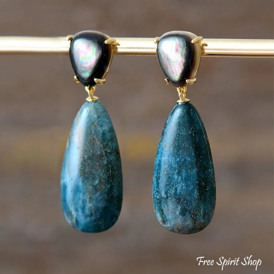 Natural Blue Apatite & Shell Drop Earrings