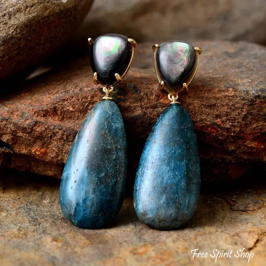 Natural Blue Apatite & Shell Drop Earrings