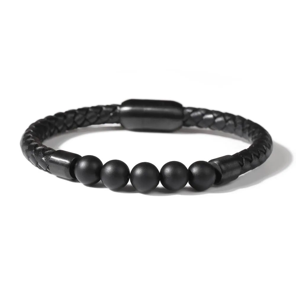 Nature Black Agate Stone Leather Bracelet