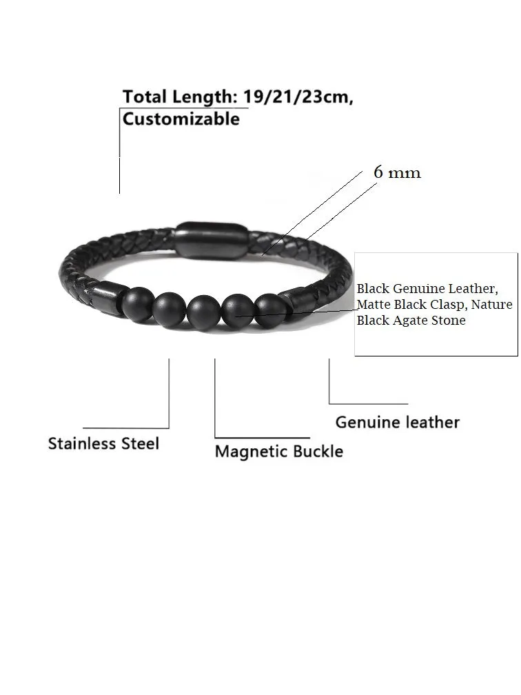 Nature Black Agate Stone Leather Bracelet