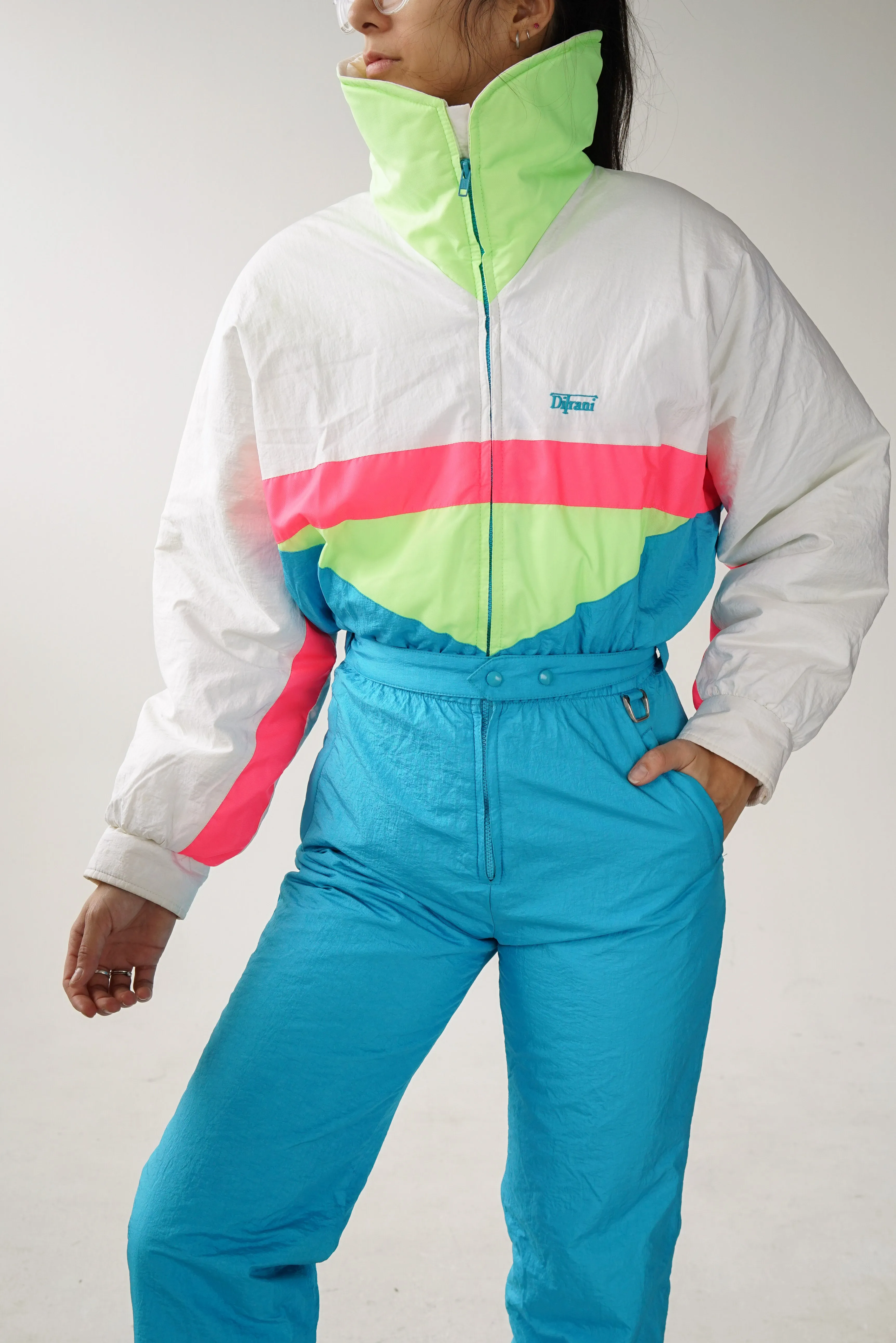 One piece Ditrani rétro fluo ski suit, snow suit pour femme taille 12 (S-M)