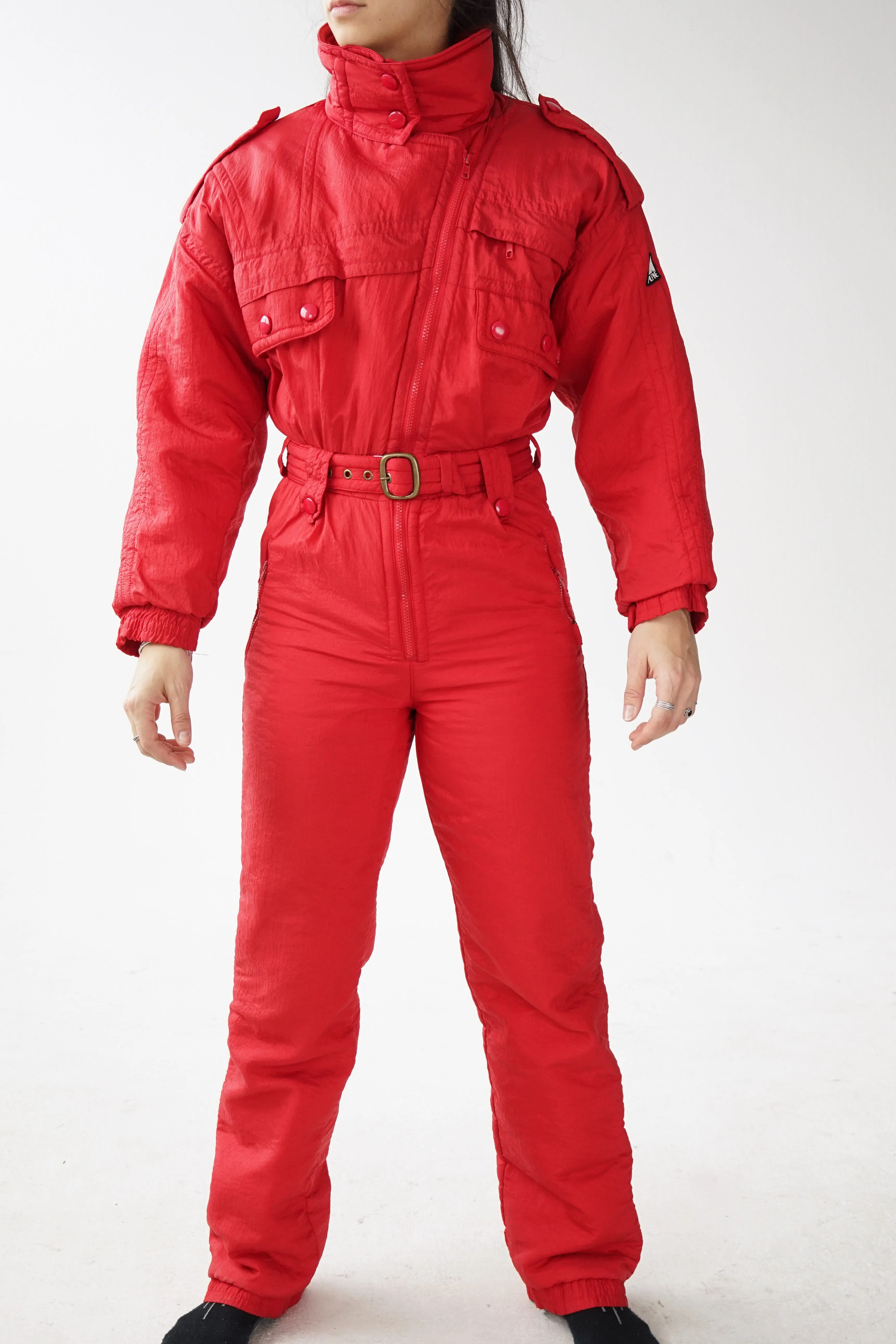 One piece ski suit Alpine rouge, snow suit vintage pour femme S