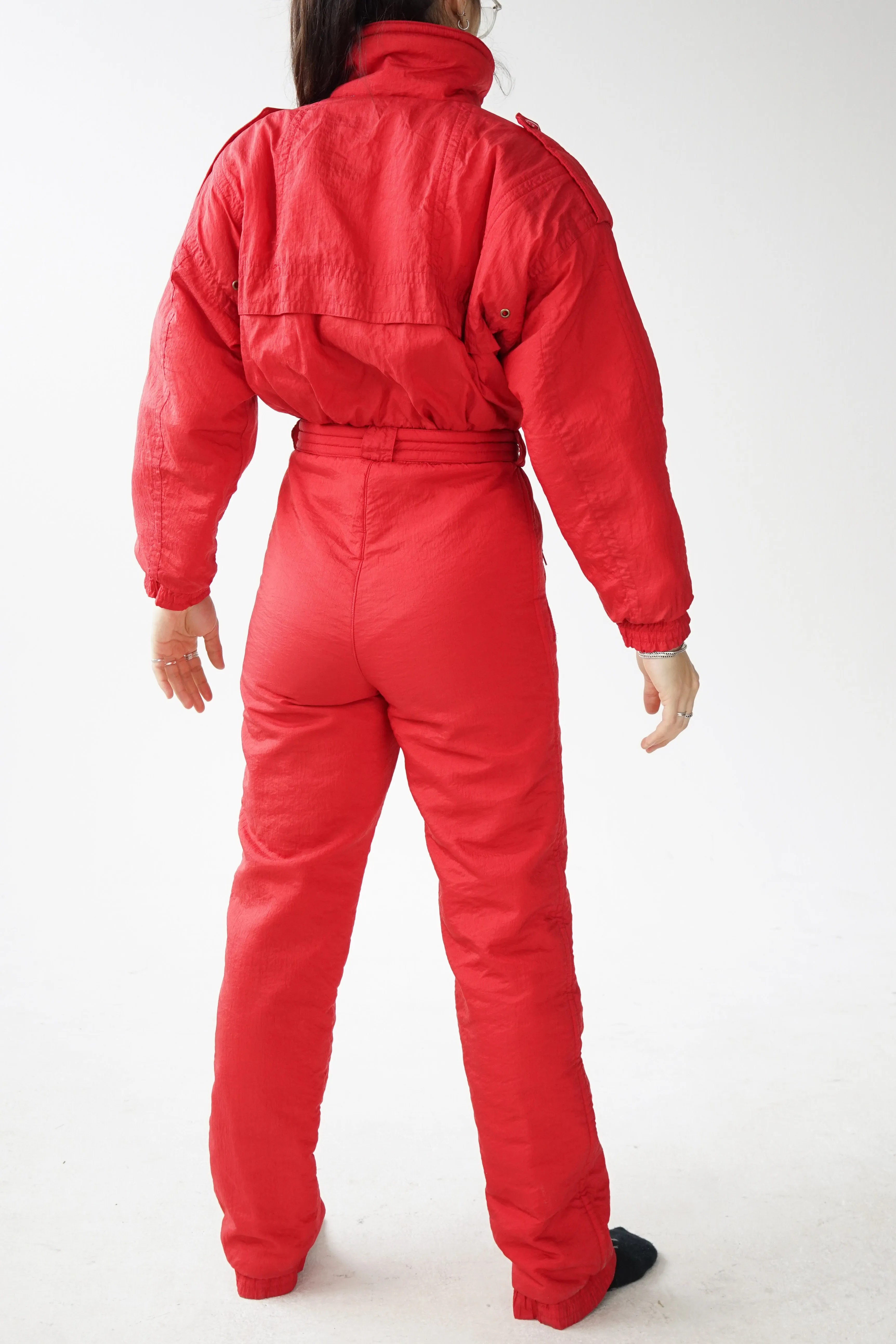 One piece ski suit Alpine rouge, snow suit vintage pour femme S