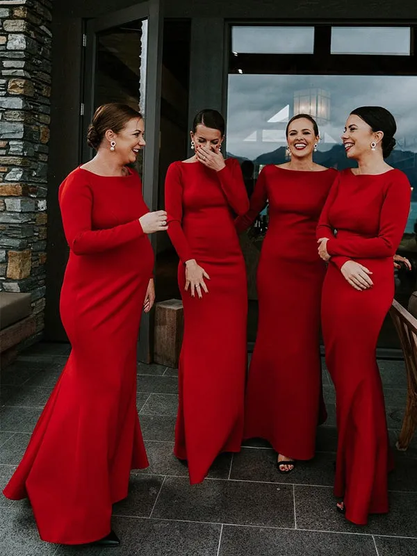 Red Jersey Long Sleeve Sheath Cheap Long Bridesmaid Dresses,DB129