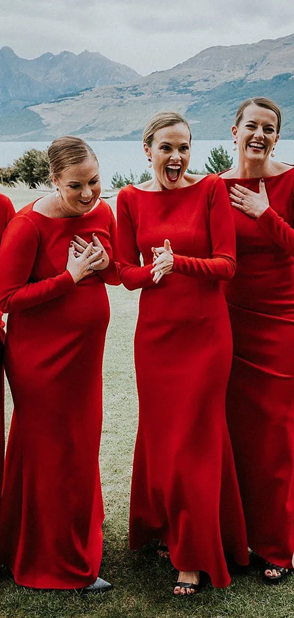 Red Jersey Long Sleeve Sheath Cheap Long Bridesmaid Dresses,DB129