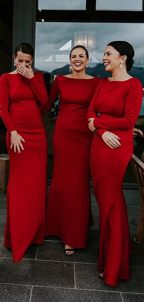 Red Jersey Long Sleeve Sheath Cheap Long Bridesmaid Dresses,DB129