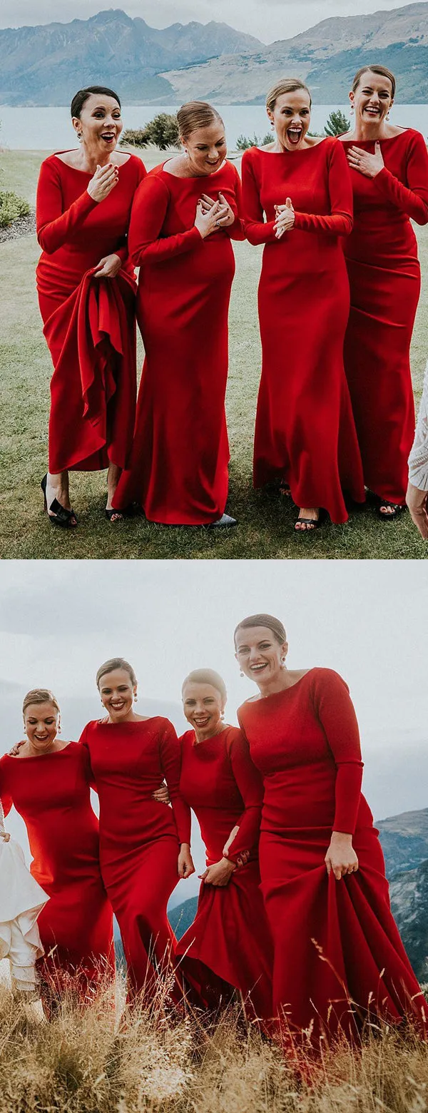 Red Jersey Long Sleeve Sheath Cheap Long Bridesmaid Dresses,DB129