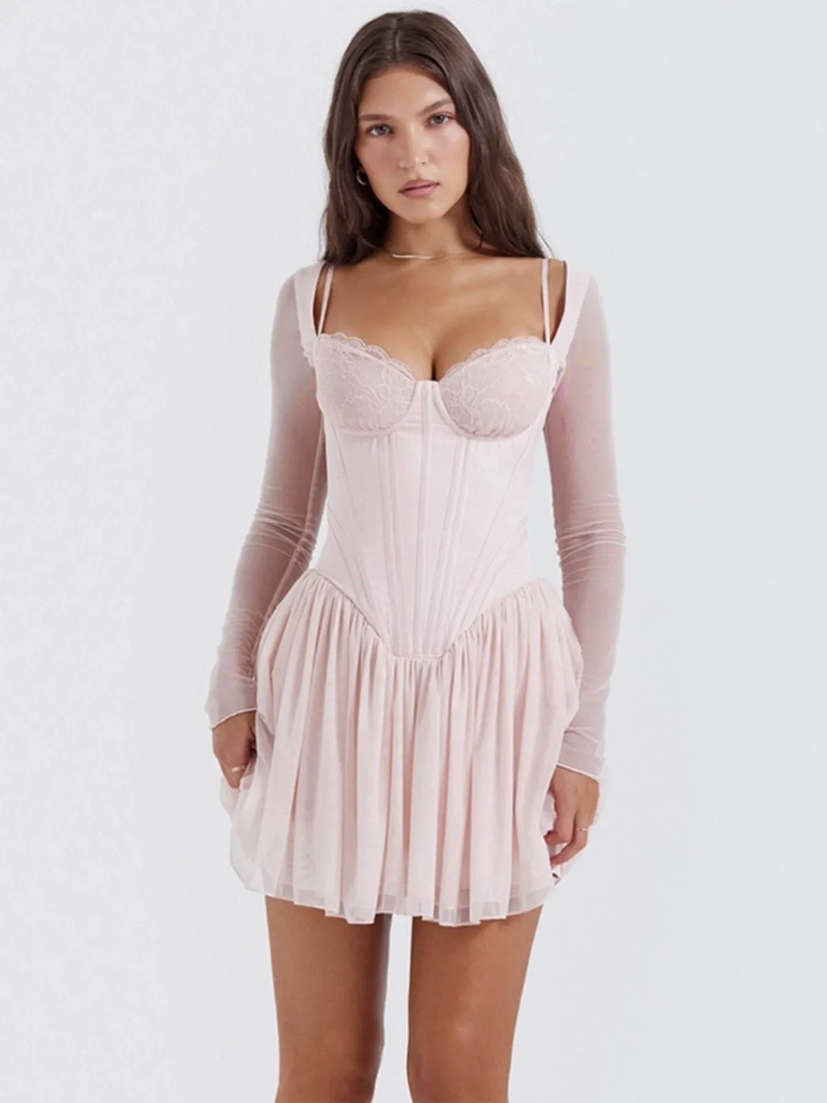 Romantic Sweetheart Neckline Mesh Long Sleeve Dress - Pink A-Line Bodycon Dress for Women