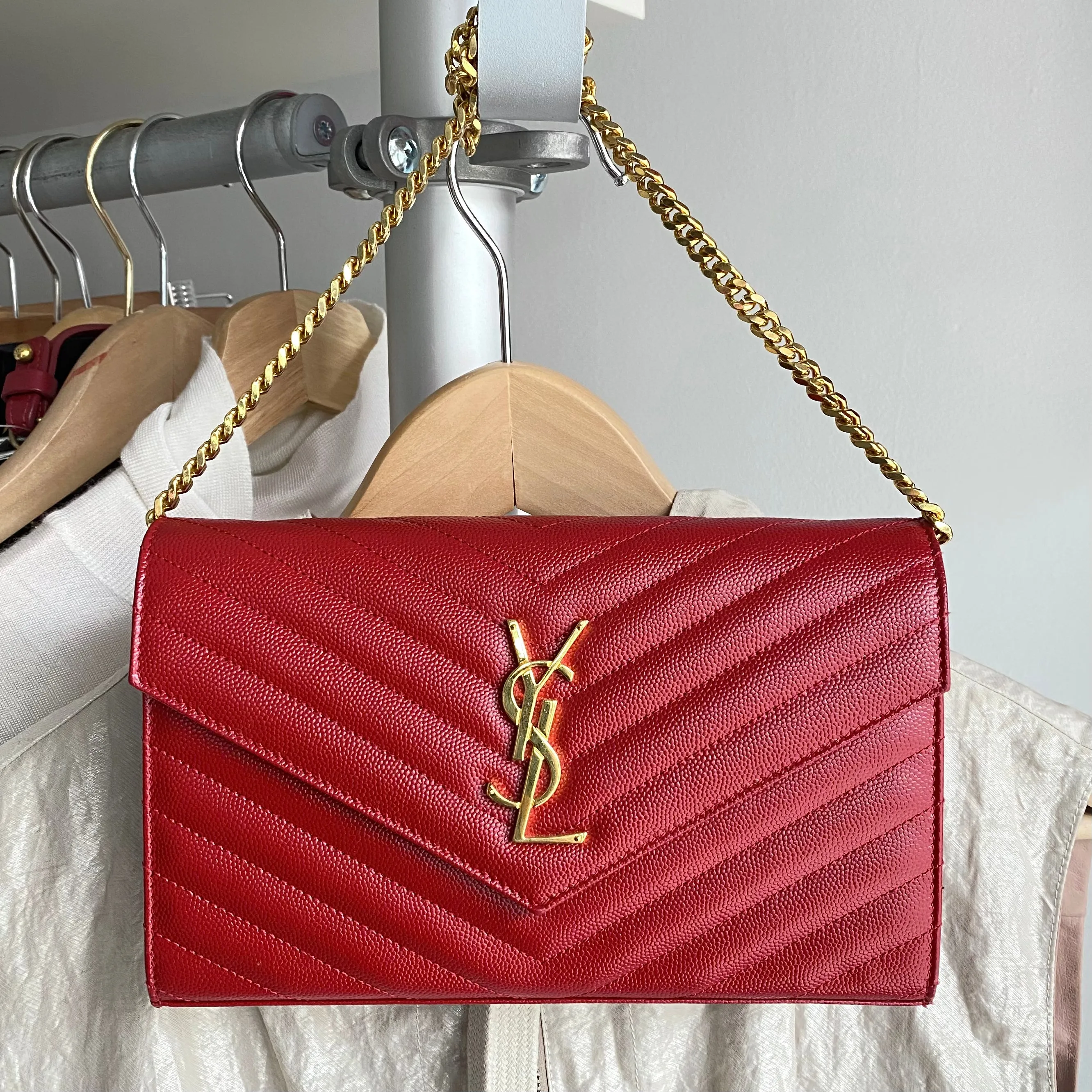 Saint Laurent Red Chevron Small Kate Wallet on Chain Bag