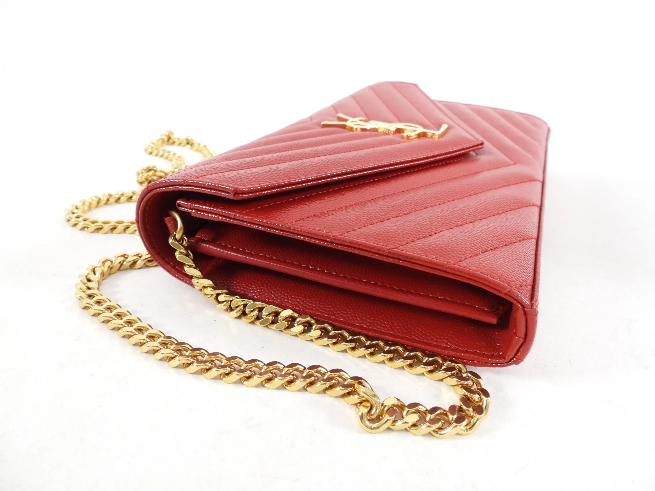 Saint Laurent Red Chevron Small Kate Wallet on Chain Bag