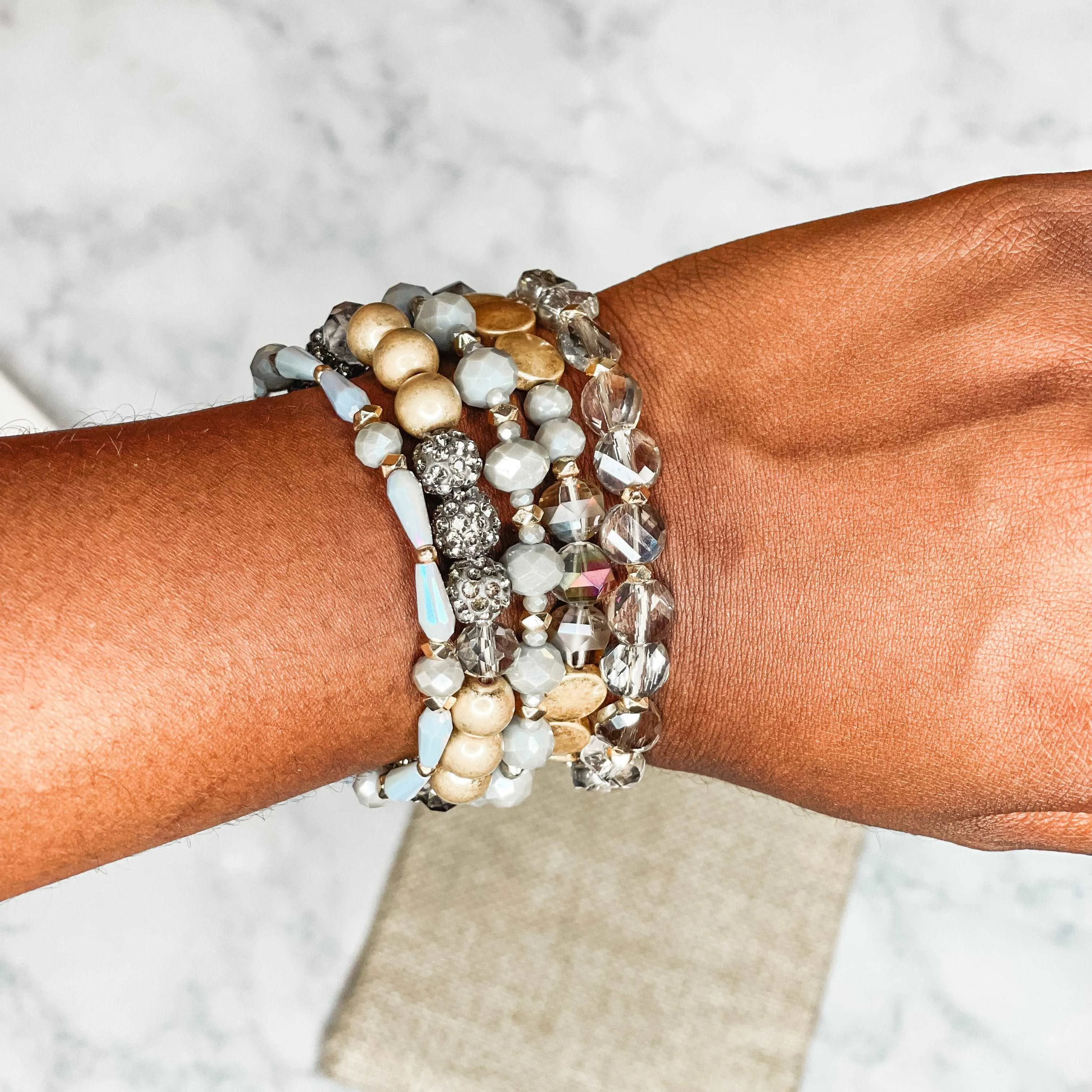 'Shimmer' Beaded Bracelet Set - Grey