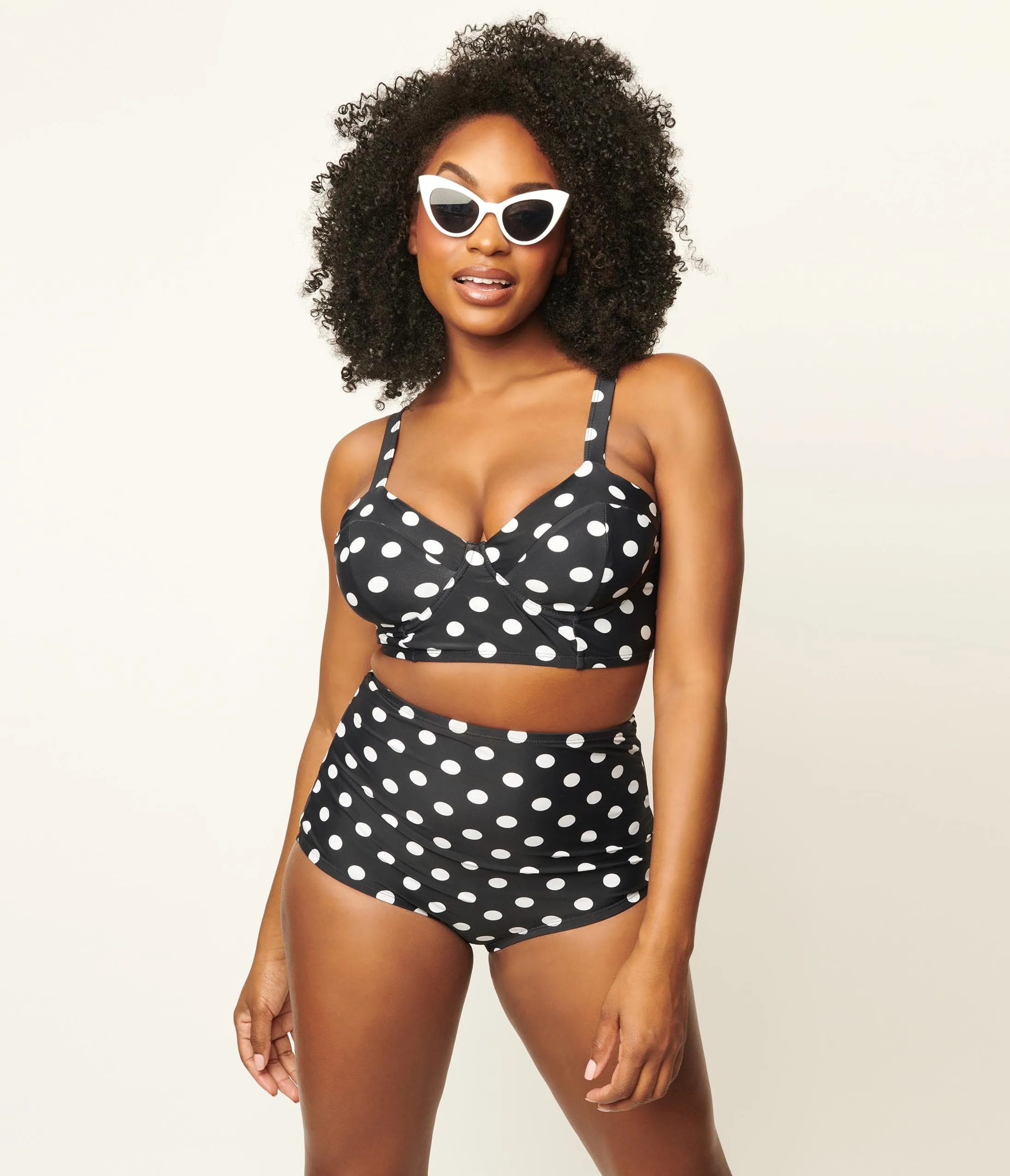 Unique Vintage Black & White Dot Marlene Crop Swim Top