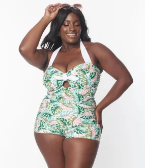 Unique Vintage Plus Size Green Monstera Print Pismo Romper Swimsuit