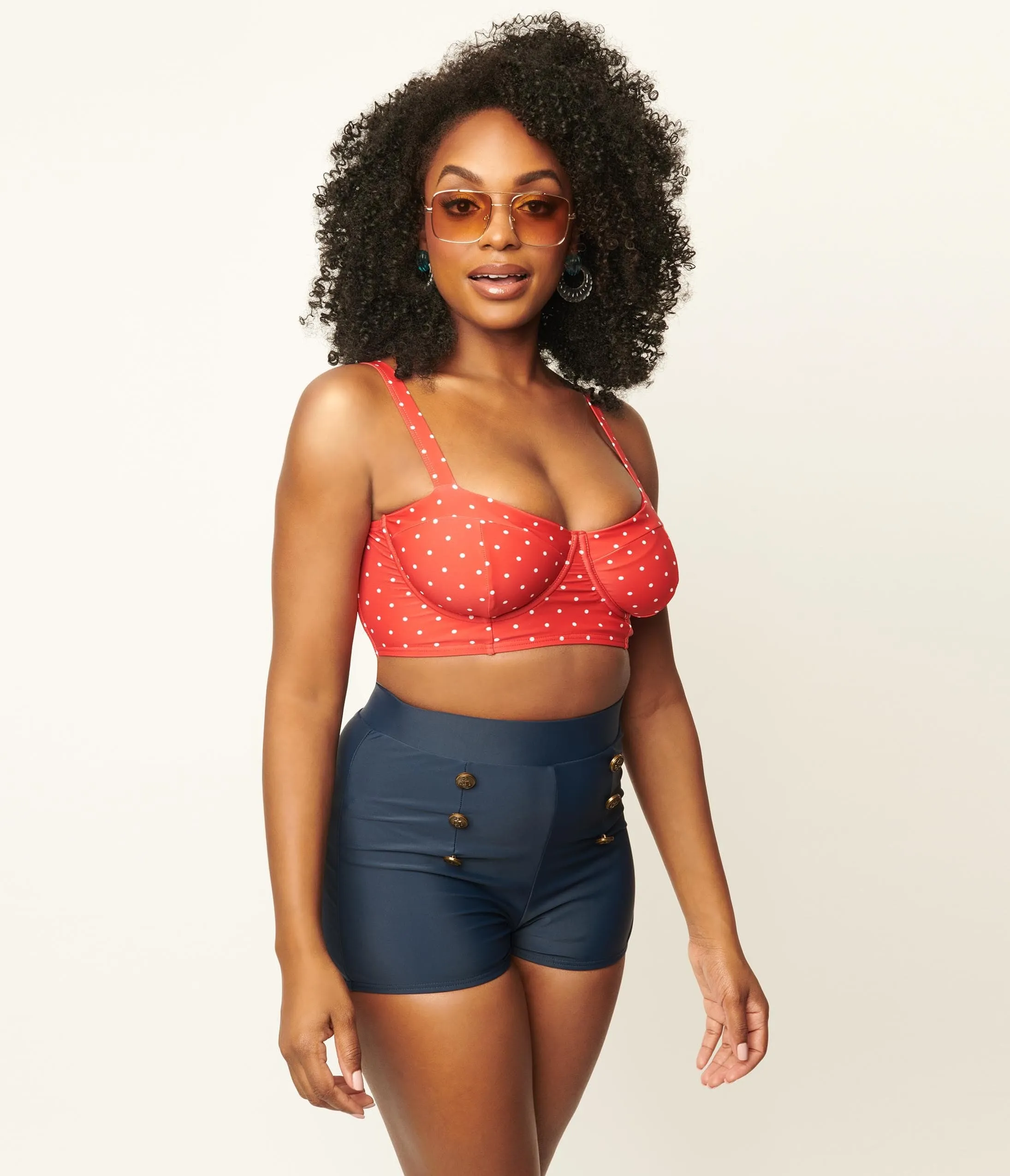 Unique Vintage Red & White Pin Dot Marlene Crop Swim Top