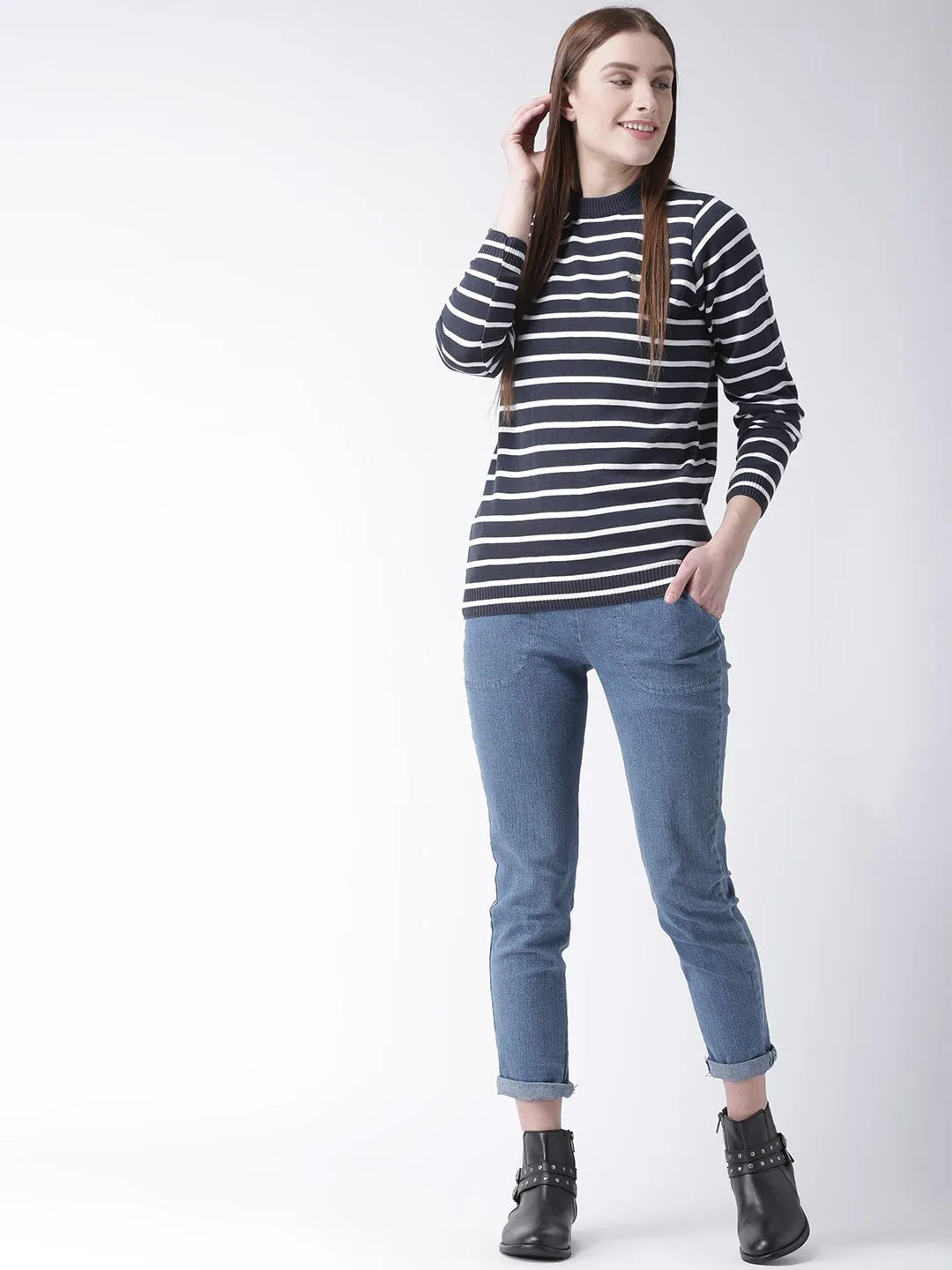 Women Cotton Casual Long Sleeve  Navy Winter Sweaters